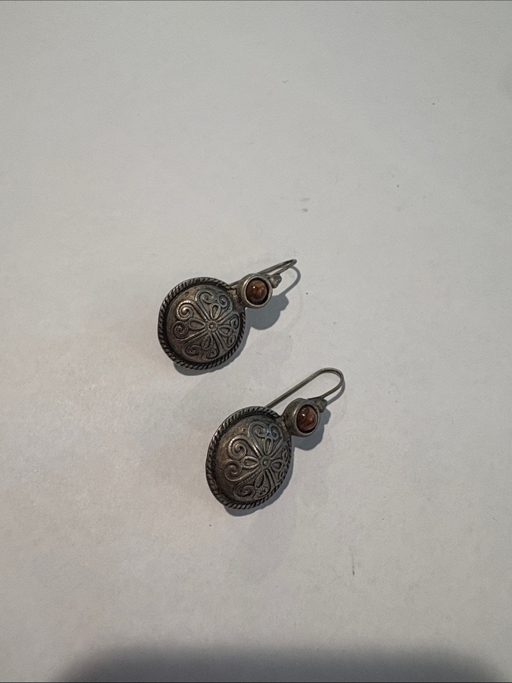 Vintage-Inspired Silver Tone Filigree Drop Earrings with Brown Accents
